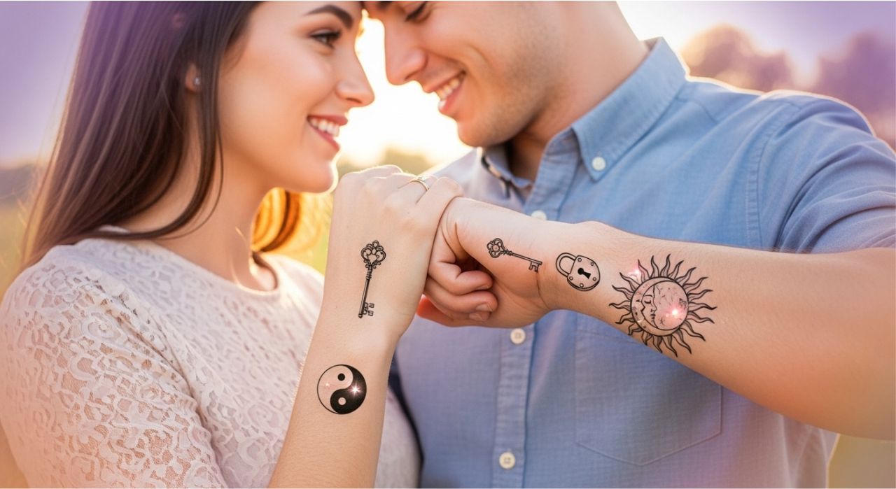 Couple showing soulmate-inspired tattoos like yin-yang and sun-and-moon, symbolizing love and balance.