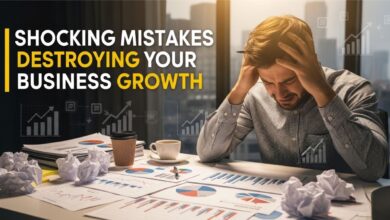"Frustrated small business owner with charts and graphs illustrating declining business growth."