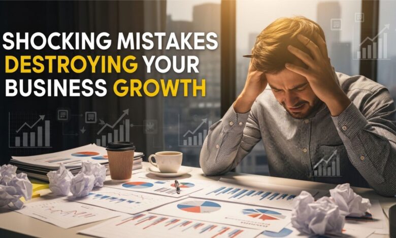"Frustrated small business owner with charts and graphs illustrating declining business growth."