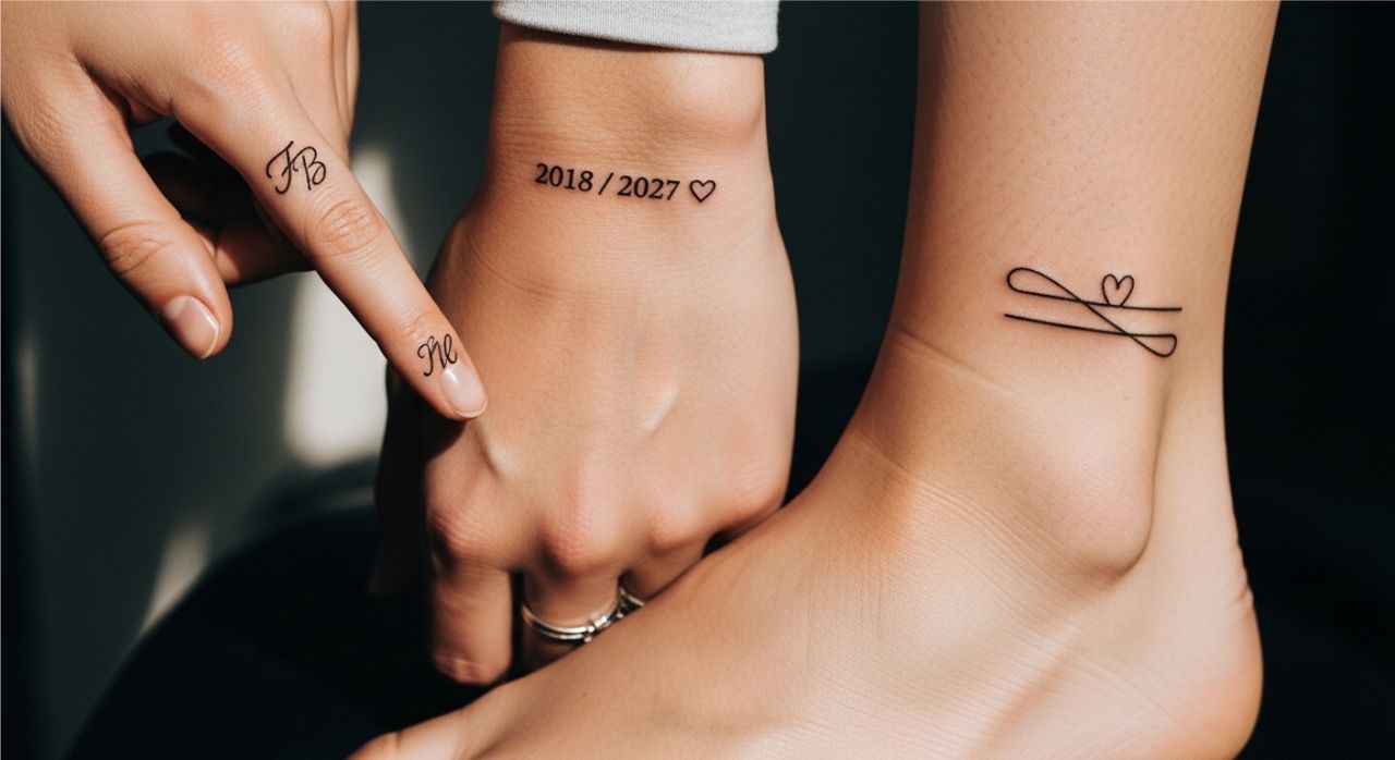 Small and minimalist couple tattoos on fingers, wrists, and ankles, showing subtle yet meaningful designs.
