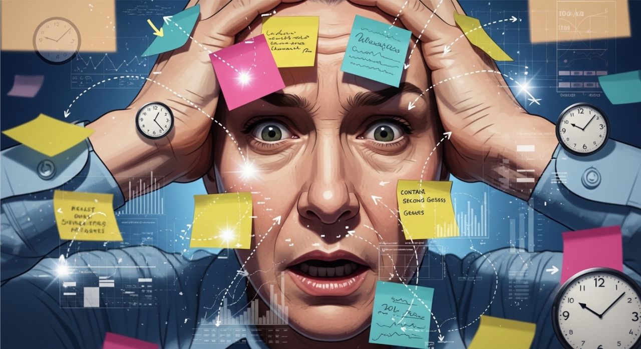 Stressed adult surrounded by notes and charts, showing signs of overthinking and decision fatigue.