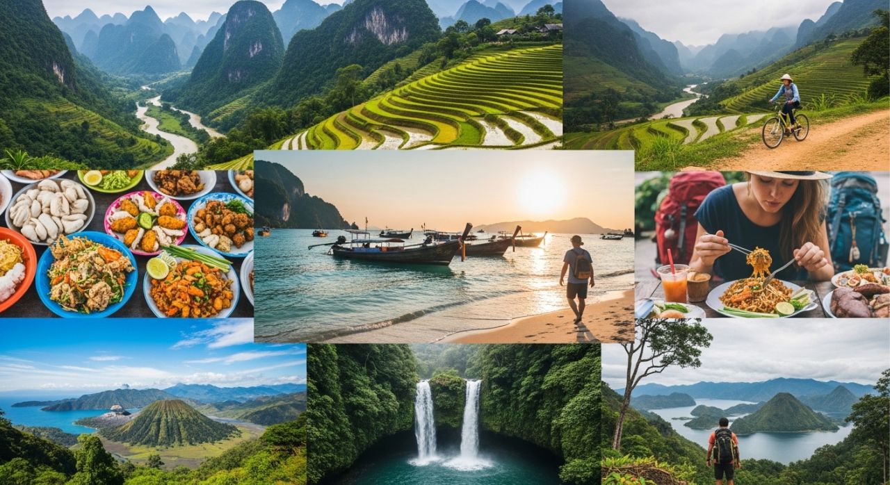 Collage of budget-friendly destinations in Asia including Vietnam, Thailand, and Indonesia.