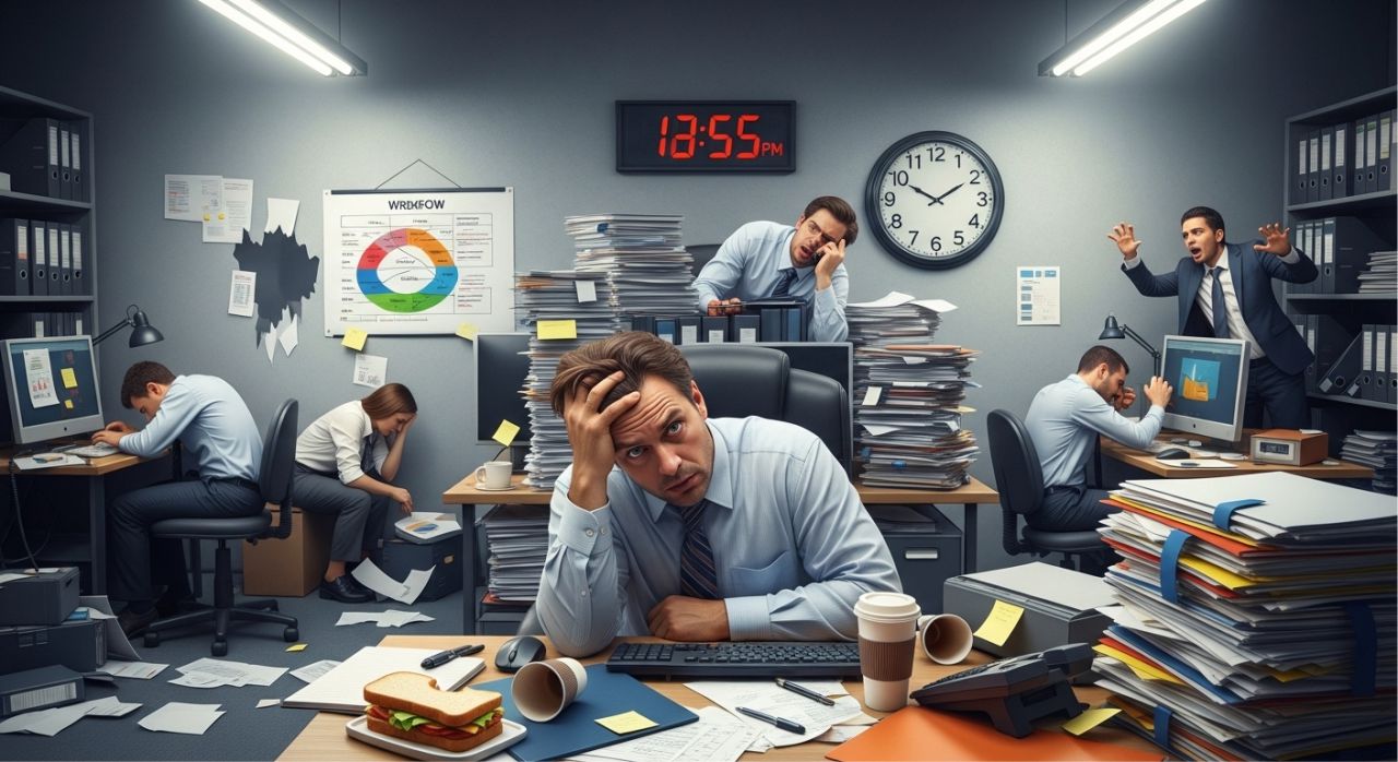 "Overwhelmed business owner and team struggling with inefficient operations during growth."