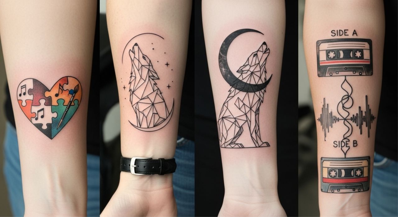 Couple showing unique and artistic tattoos, including abstract and pop-culture designs.