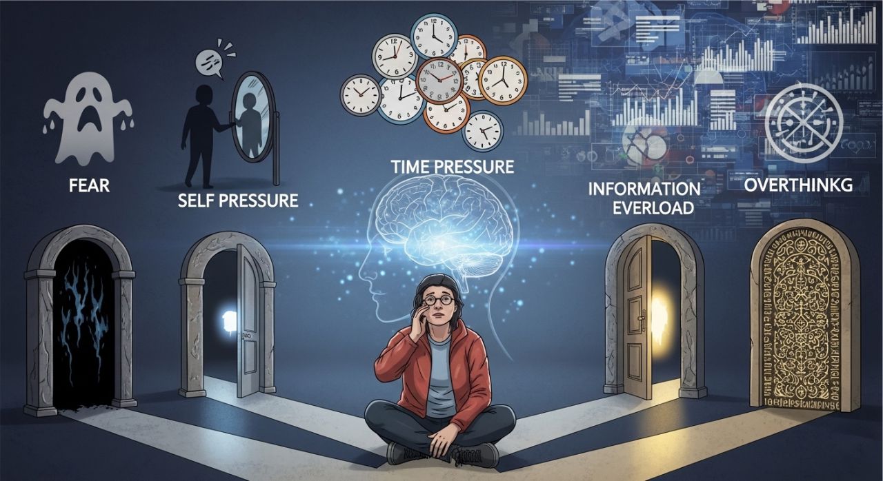 Adult hesitating at multiple choices, showing fear, self-doubt, and overthinking causing paralysis analysis.