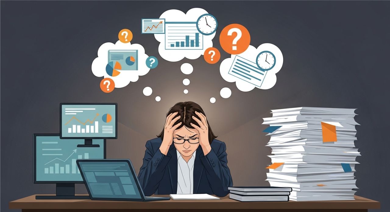 Person overwhelmed with choices and information, representing paralysis analysis and cognitive overload.