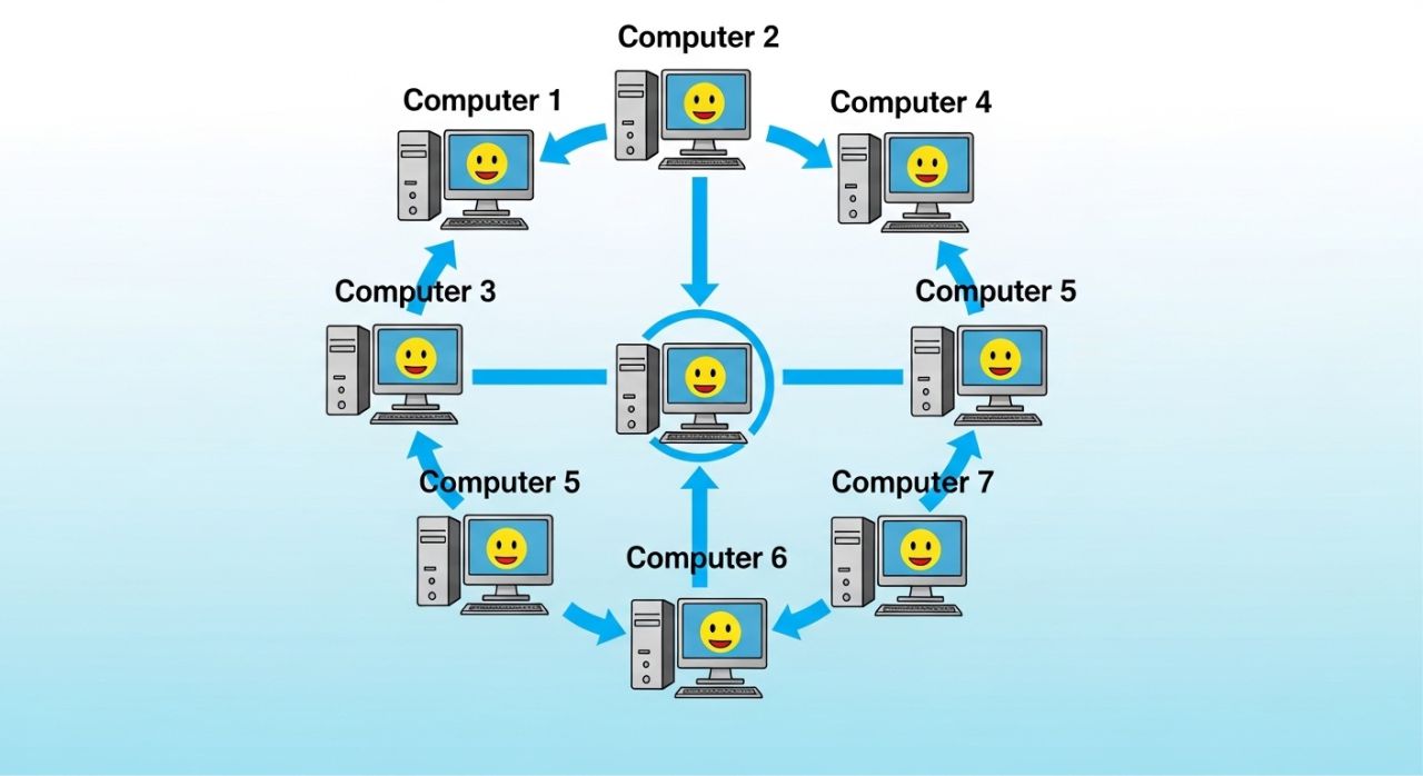 Diagram showing a ring network topology with computers connected in a circle and one-way data flow for beginners.