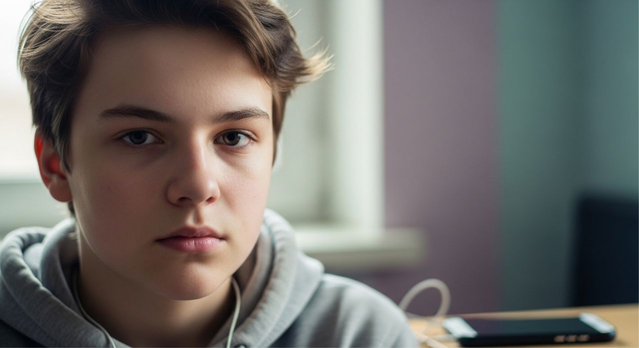 Close-up of a teen with the Gen Z stare, showing calm and neutral facial expression.