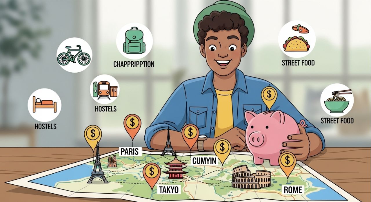 Traveler holding a piggy bank planning budget travel, showing cost-saving tips and cheap destinations.