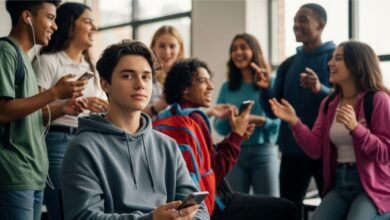 Teen giving a calm Gen Z stare in a lively classroom, highlighting silent nonverbal communication.