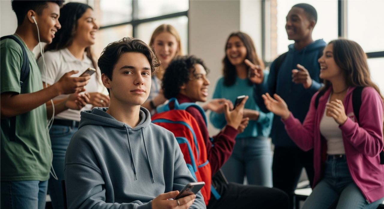 Teen giving a calm Gen Z stare in a lively classroom, highlighting silent nonverbal communication.
