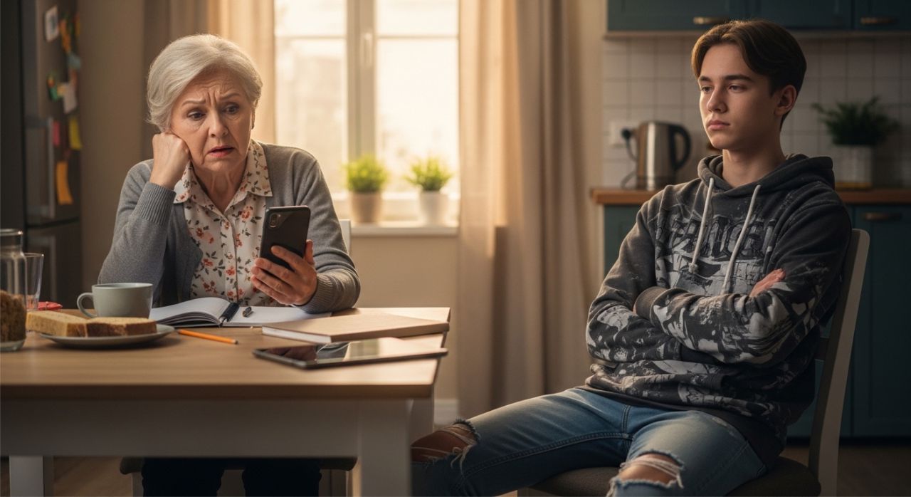 Older adult confused by a teen giving a Gen Z stare, illustrating generational communication gap.