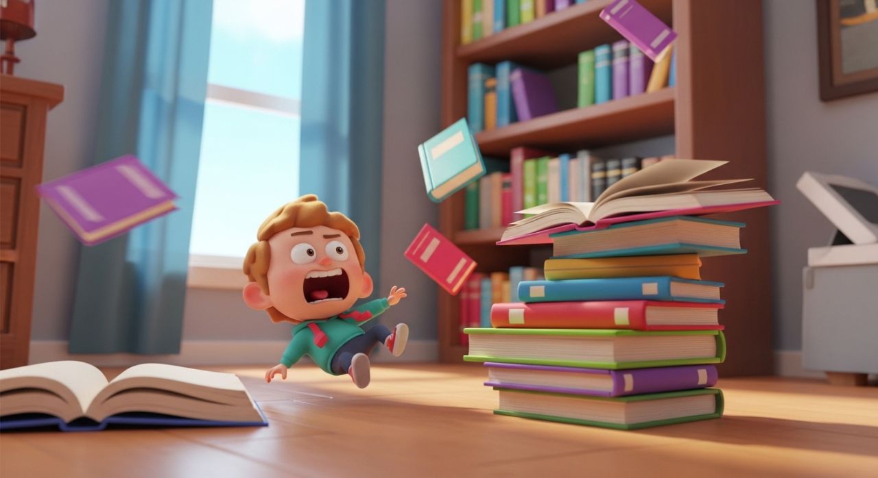 06-Tiny Character Tripping Over Books – Funny Gen Alpha Meme