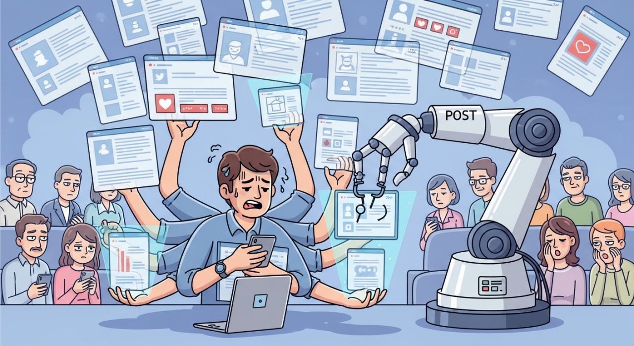 Marketer overusing automated social media posts, causing audience disengagement.