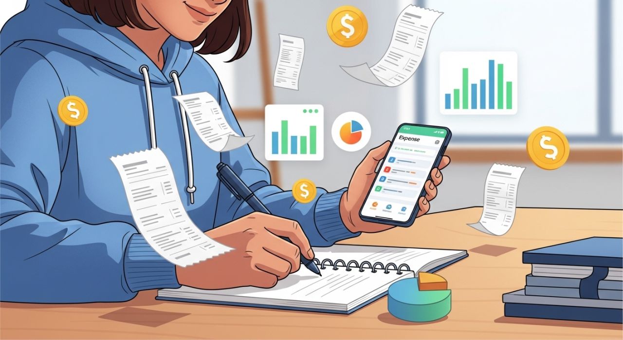 “Person tracking daily expenses in a notebook and smartphone app, demonstrating smart money habits.”