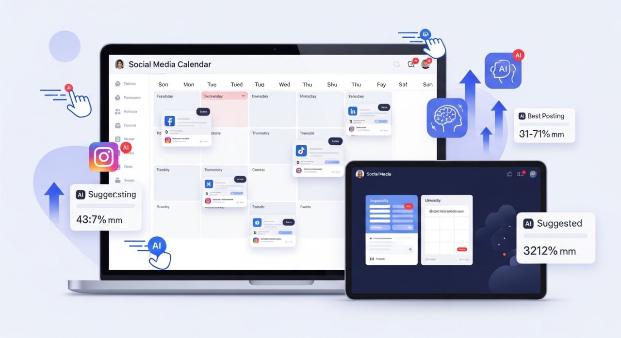 Image of a digital social media calendar with AI-assisted scheduling across multiple platforms.