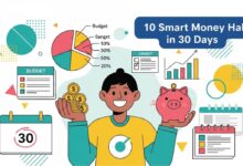 “Thumbnail showing a happy person managing money with piggy bank, charts, and 30-day calendar for smart money habits blog post.”