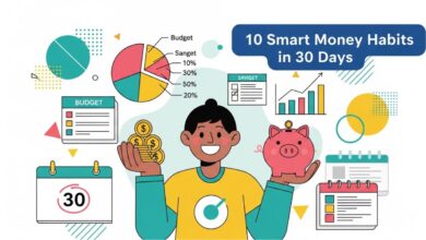 “Thumbnail showing a happy person managing money with piggy bank, charts, and 30-day calendar for smart money habits blog post.”