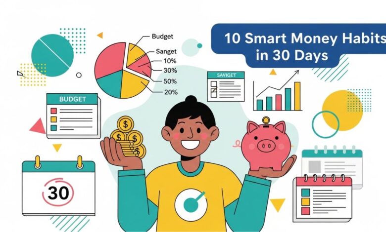 “Thumbnail showing a happy person managing money with piggy bank, charts, and 30-day calendar for smart money habits blog post.”