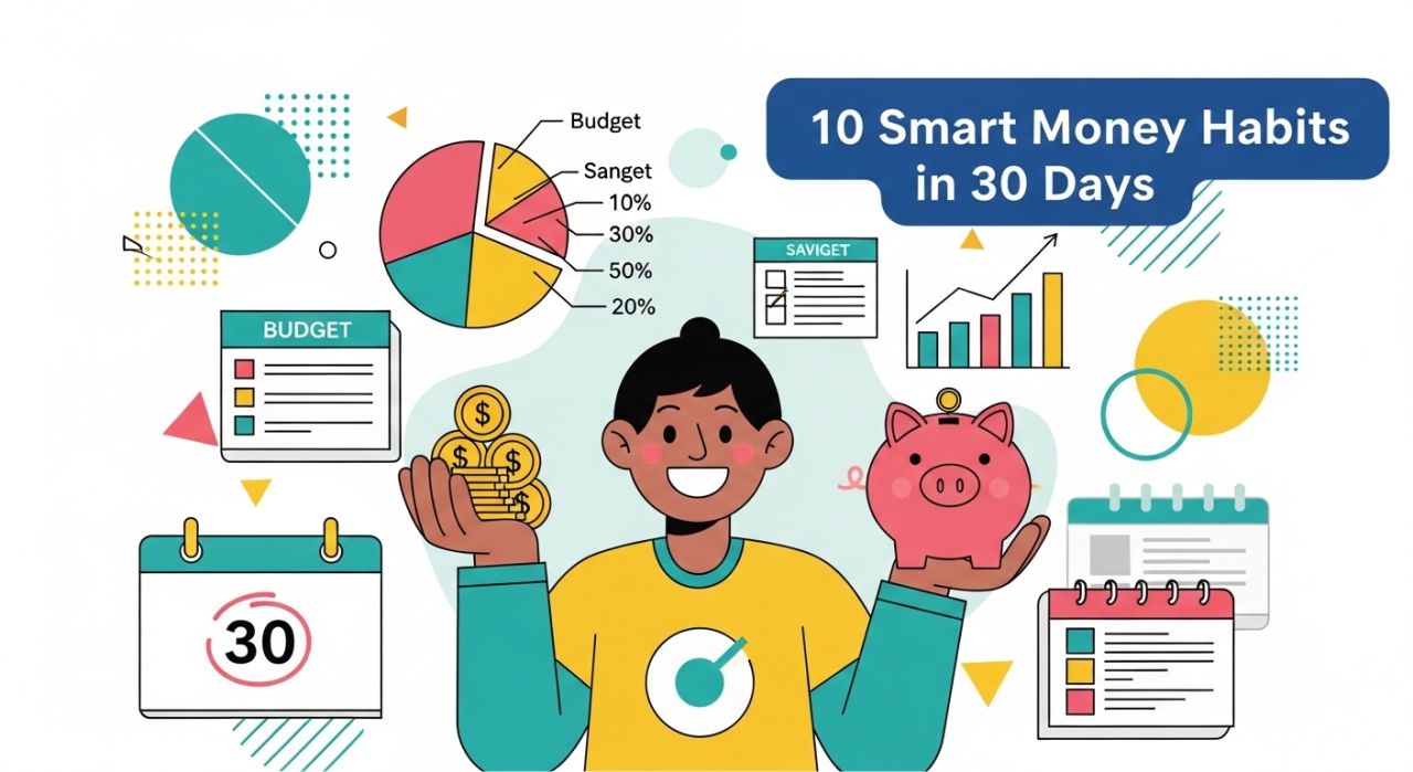 “Thumbnail showing a happy person managing money with piggy bank, charts, and 30-day calendar for smart money habits blog post.”