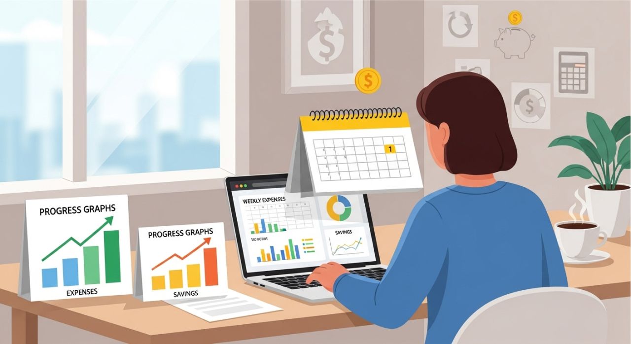 “Person reviewing weekly budget and charts on laptop, illustrating smart money habit of weekly financial review.”
