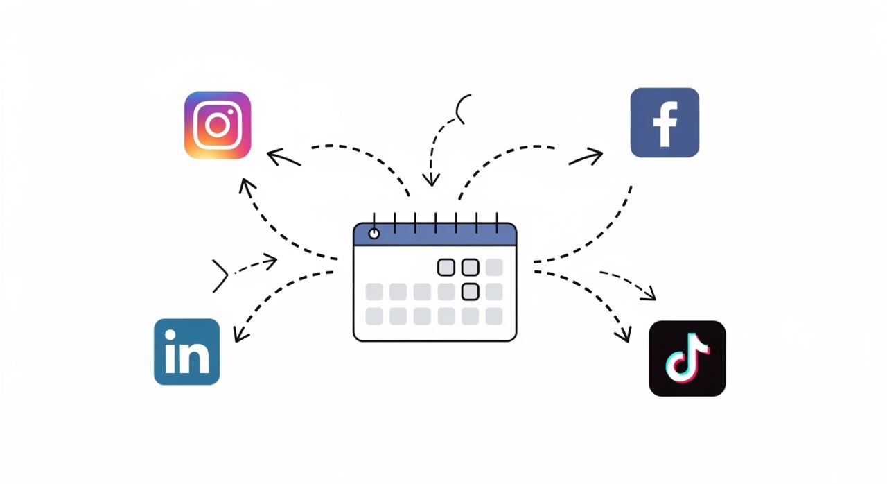 Visual of an automated social media content calendar posting to multiple platforms.