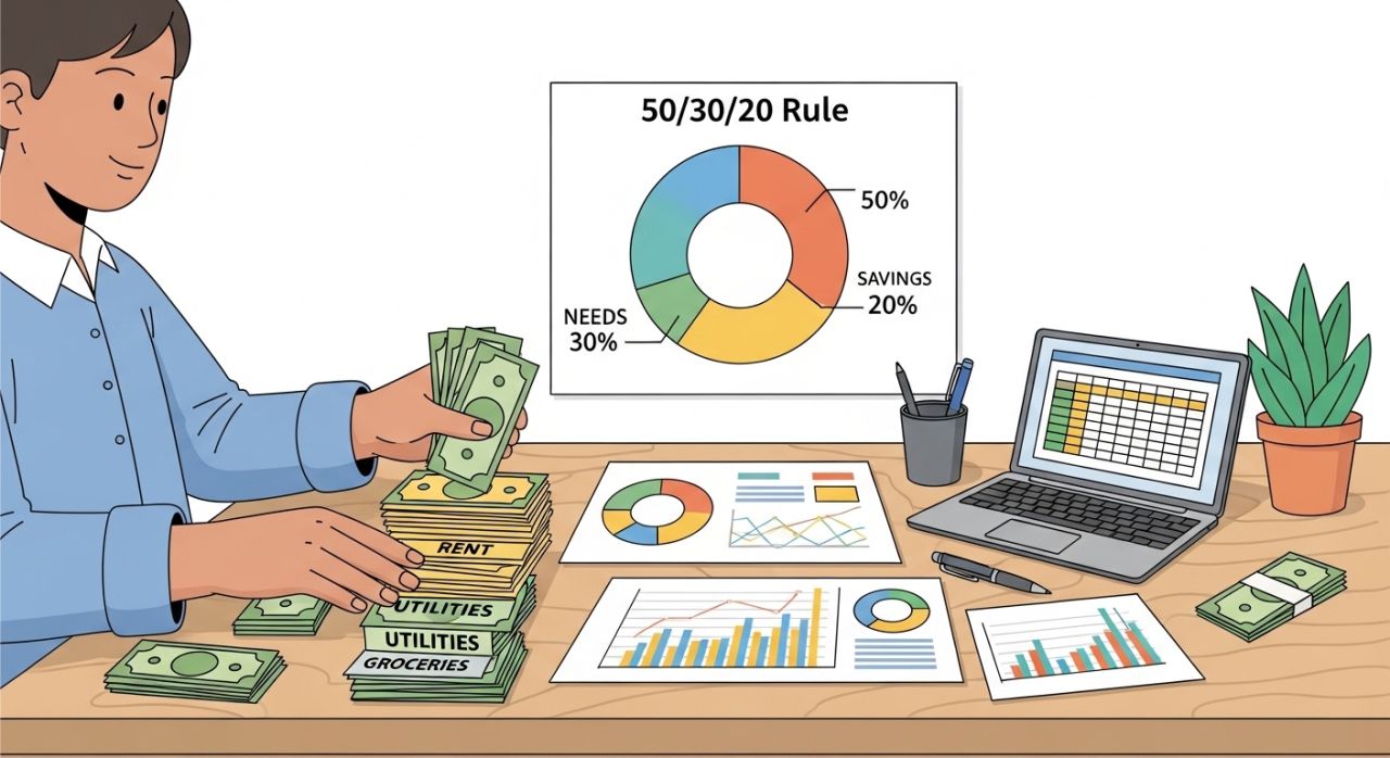 “Person creating a simple budget with pie chart and money, representing effective smart money habits.”