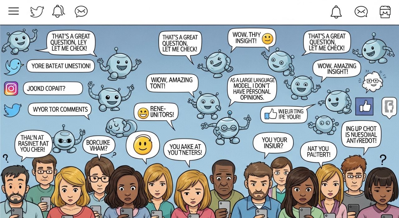 Social media bots replying to comments while real users appear frustrated, illustrating reliance on bots instead of real engagement.