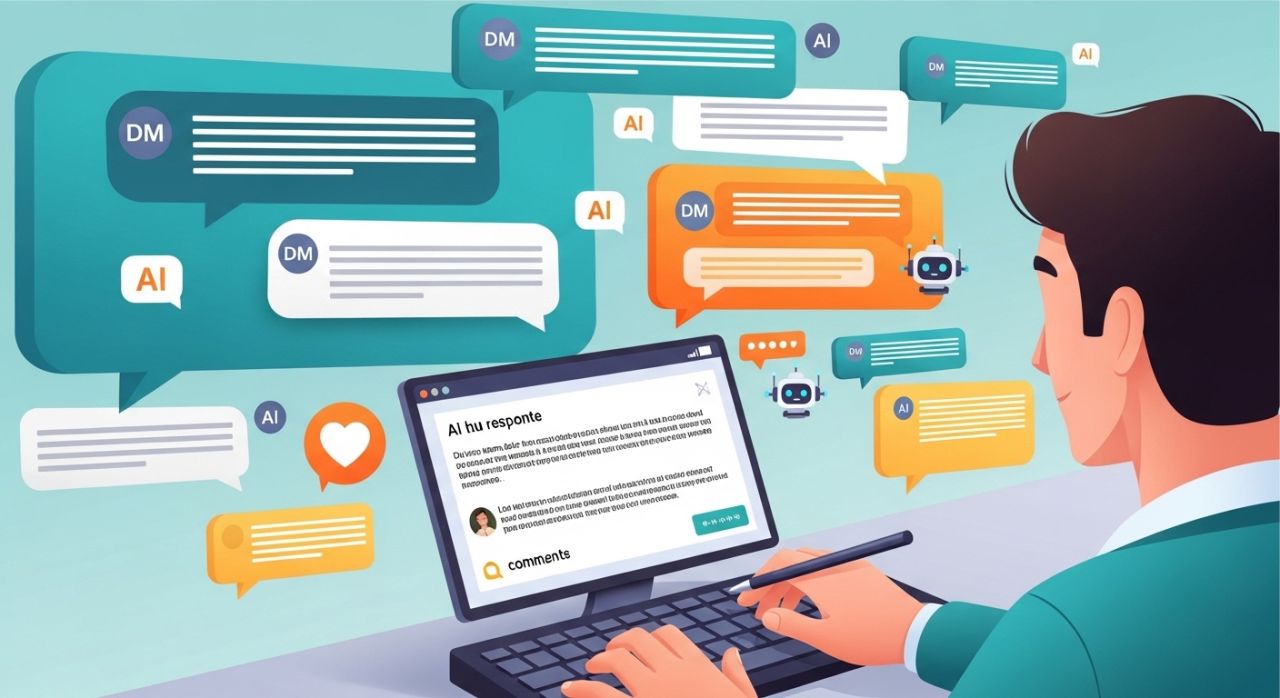 Illustration of automated social media engagement with AI while keeping authentic human interaction.