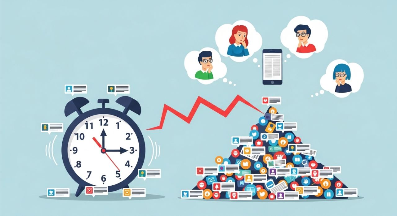 Social media posts shown at wrong times with users ignoring them, symbolizing the importance of timing and relevance.