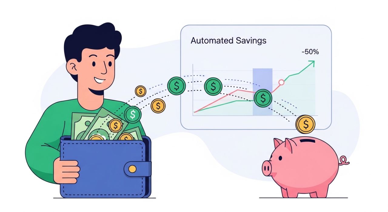 “Person automating savings with money moving from wallet to piggy bank, showing smart money habit of paying yourself first.”