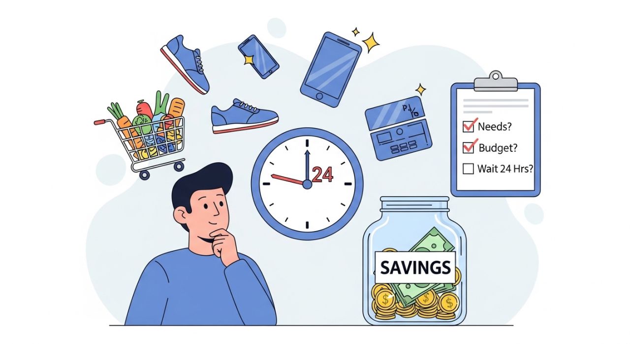 “Person avoiding impulse spending with shopping items and clock, illustrating smart money habits for spending control.”