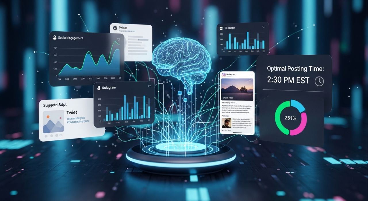 Visual showing AI-powered social media tools generating content and predicting best posting times.