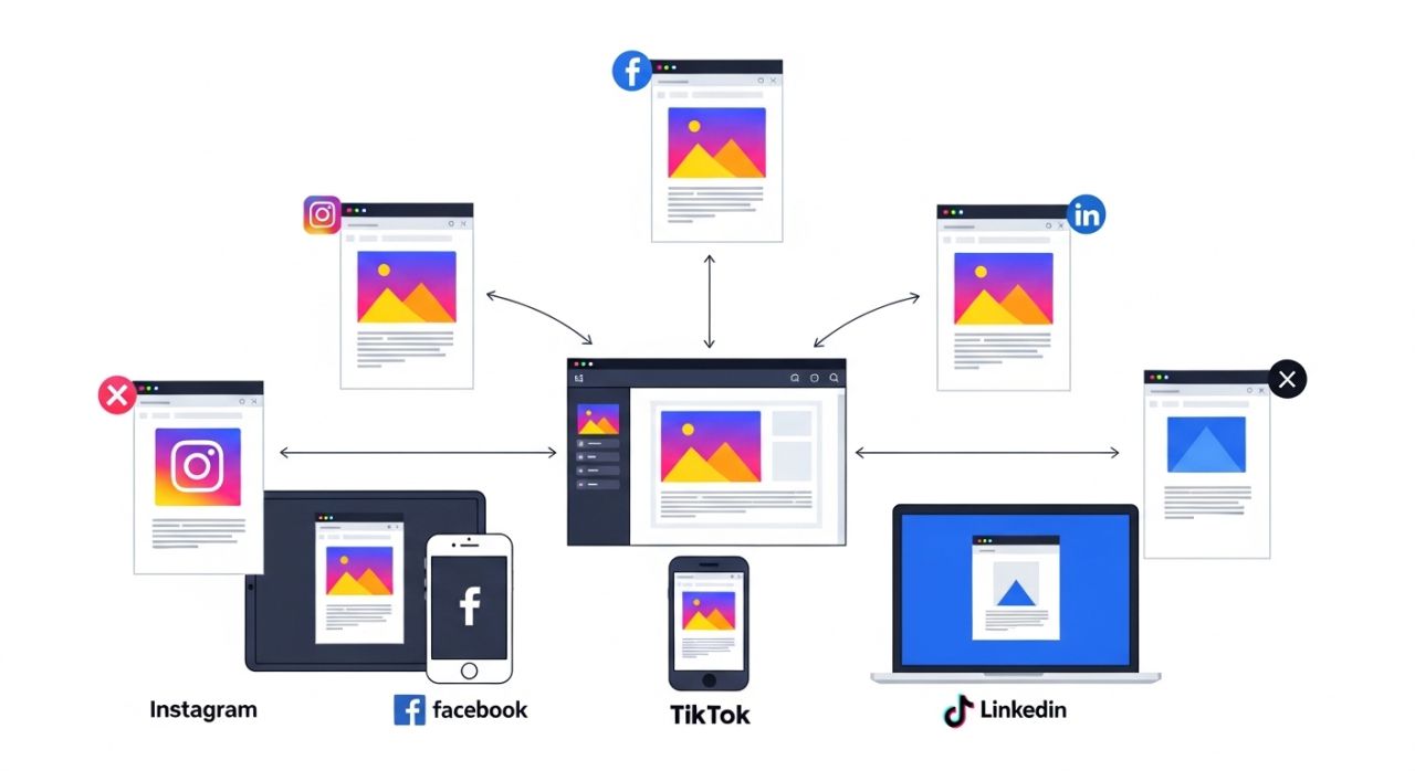 Image of automated cross-platform social media posts being published on multiple devices.