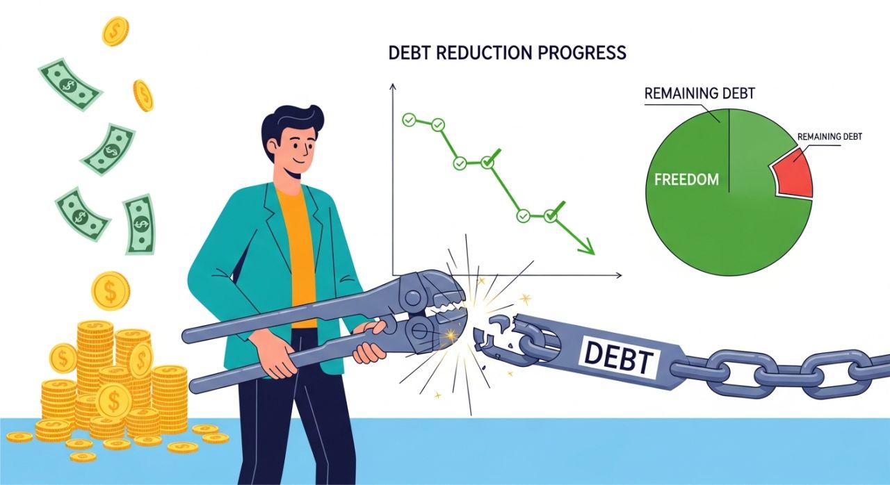 “Person breaking debt chain with coins and charts, representing debt reduction as a smart money habit.”