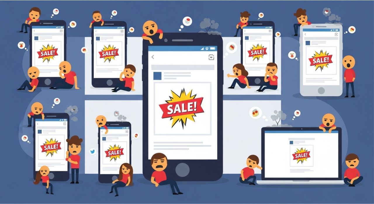 Duplicated social media content across platforms, illustrating the problem of repeating the same content.