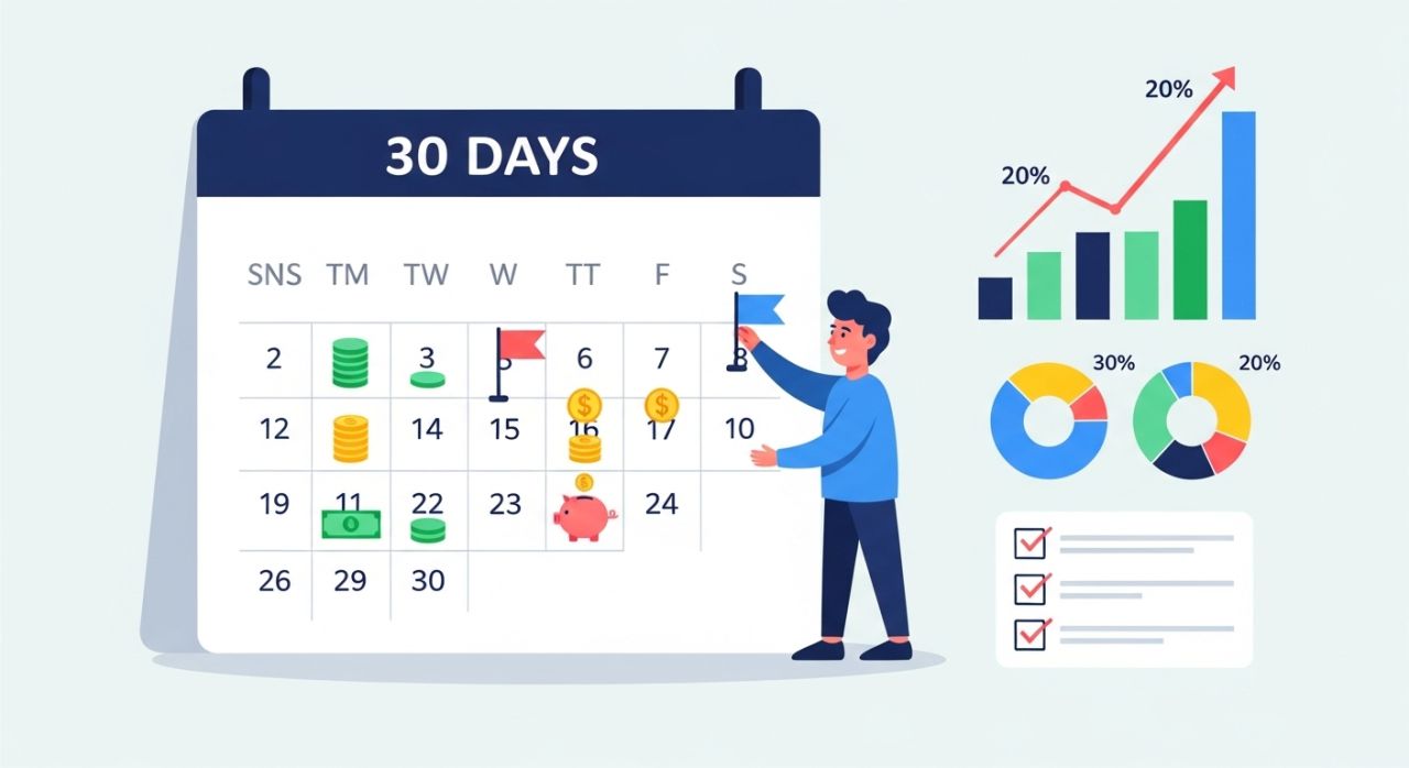 “Person setting financial goals on a 30-day calendar with charts, illustrating smart money habit of goal planning.”