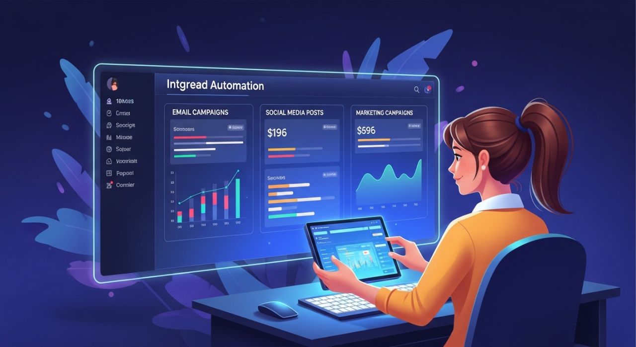 Illustration of a marketing automation platform connecting social media tools and tracking campaign growth.