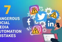 Thumbnail showing a stressed marketer with social media icons and warning signs, representing dangerous social media automation mistakes.