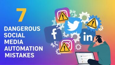Thumbnail showing a stressed marketer with social media icons and warning signs, representing dangerous social media automation mistakes.