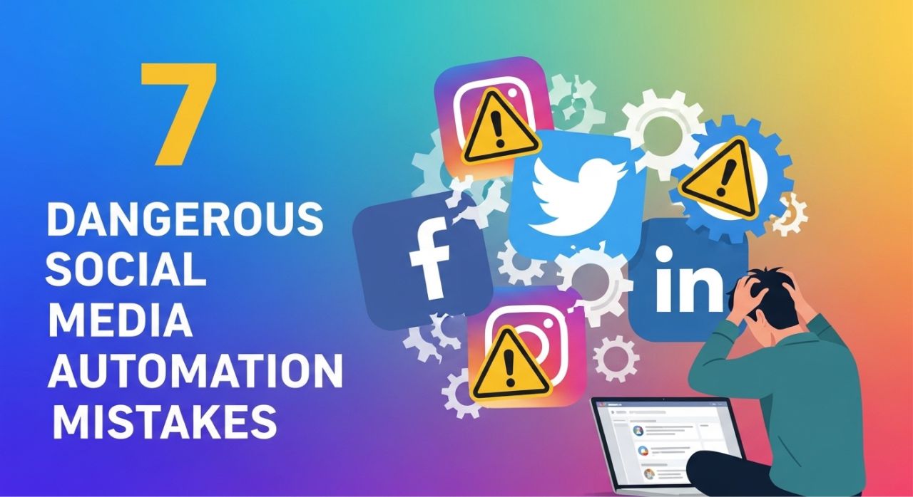 Thumbnail showing a stressed marketer with social media icons and warning signs, representing dangerous social media automation mistakes.