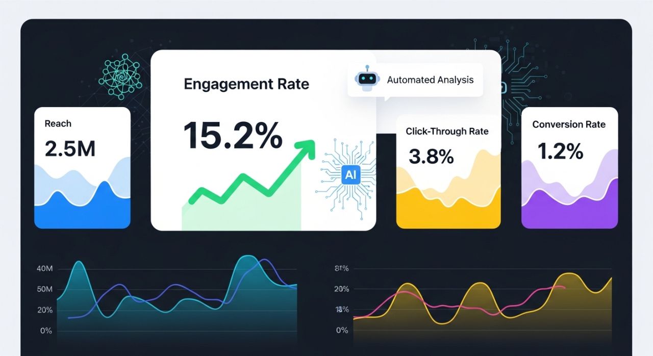 Image of an automated social media analytics dashboard showing engagement, reach, clicks, and conversions.