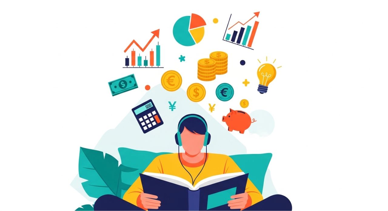 “Person reading a finance book and listening to podcast, representing the smart money habit of improving financial knowledge daily.”