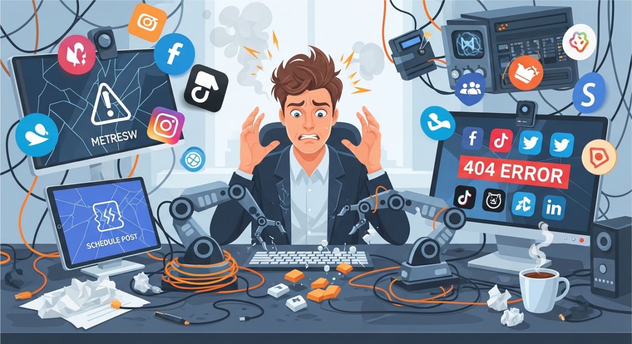 Marketer struggling with the wrong social media automation tools, highlighting mistakes that lower engagement.