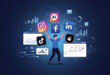 Illustration of a marketer using AI-powered social media automation tools to manage multiple platforms efficiently.