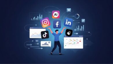 Illustration of a marketer using AI-powered social media automation tools to manage multiple platforms efficiently.