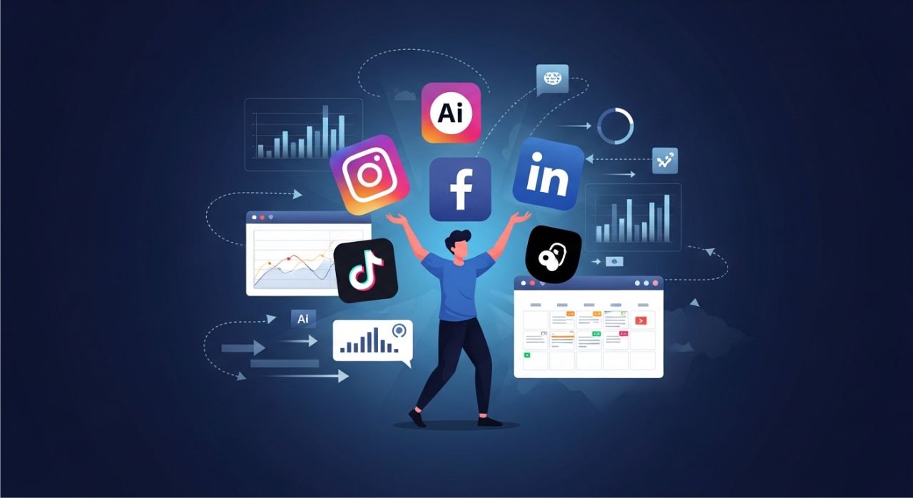 Illustration of a marketer using AI-powered social media automation tools to manage multiple platforms efficiently.
