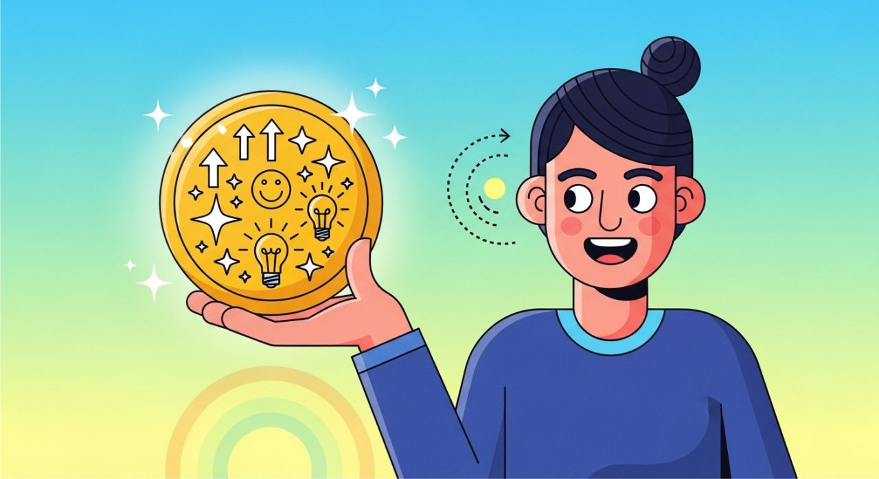 “Person holding a coin with positive symbols around, showing the smart money habit of building a positive money mindset.”