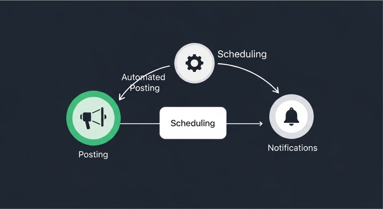 Diagram showing automated social media workflows from content creation to analytics tracking.