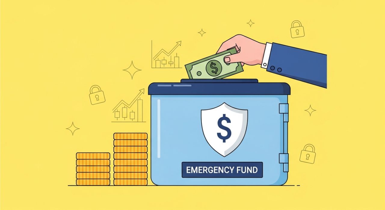 “Person saving money into an emergency fund with shield and coins, showing smart money habit for financial security.”